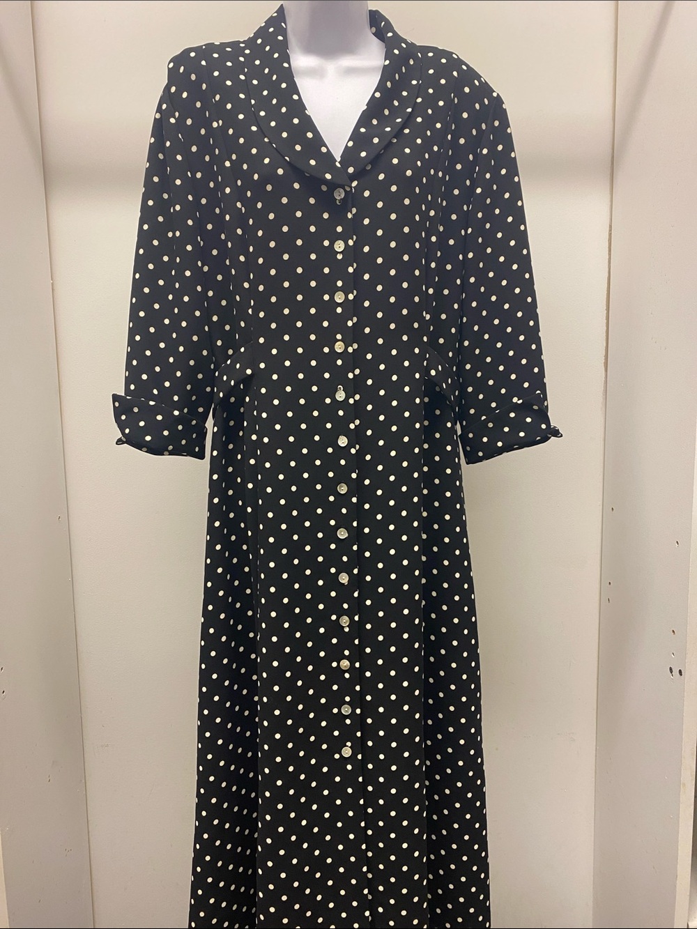 David Warren New York Black White Polka Dot Vintage Button-Front Maxi Dress